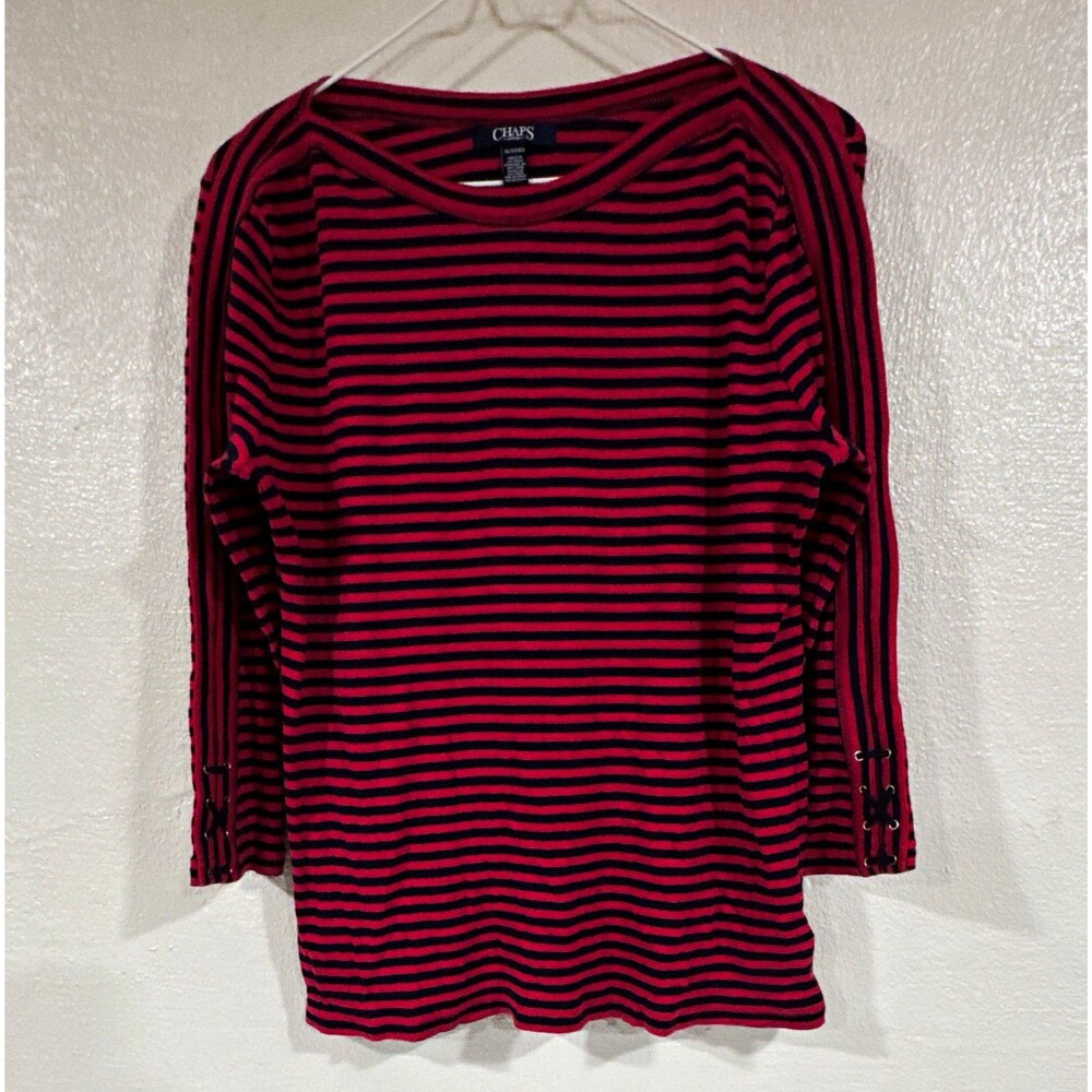 Chaps Womens XL Red Black Striped Knit Boat Neck 3/4 Sleeve Lace-Up Top